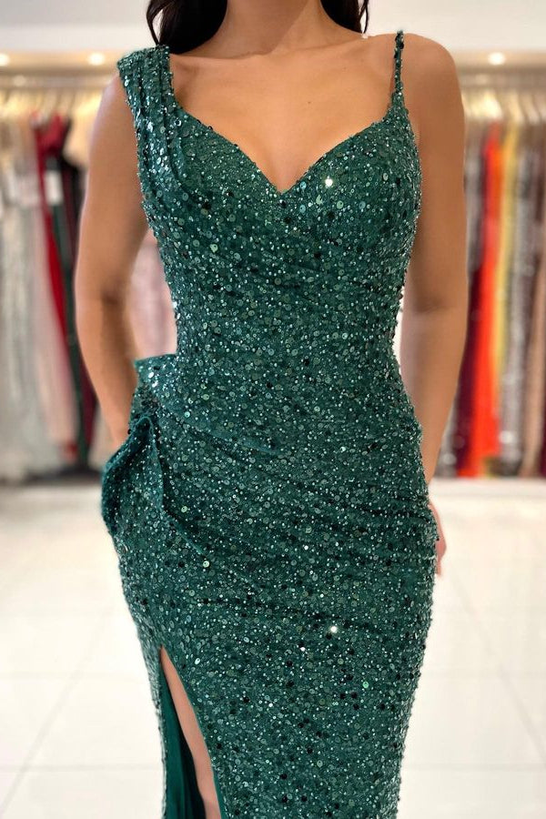 Prom Dress: Green Spaghetti Strap with Split Pleated Sequins