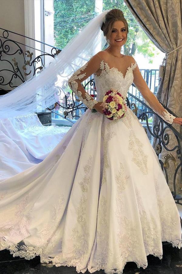 Bmbride A-line Sweetheart Satin Long Sleeves Wedding Dress