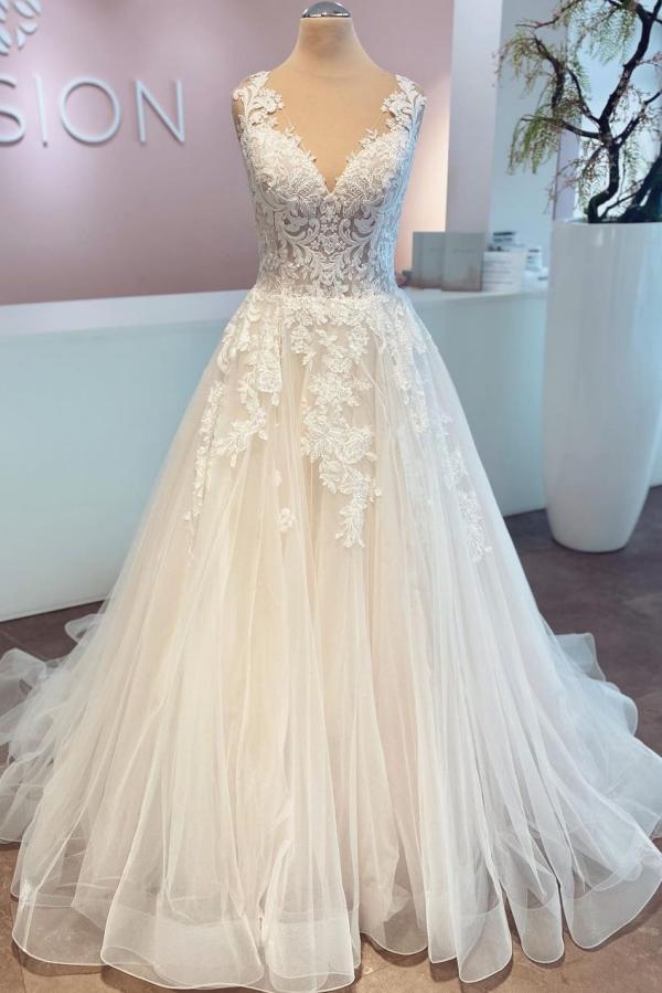 Bmbride Long A-line V-neck Tulle Lace Wedding Dress