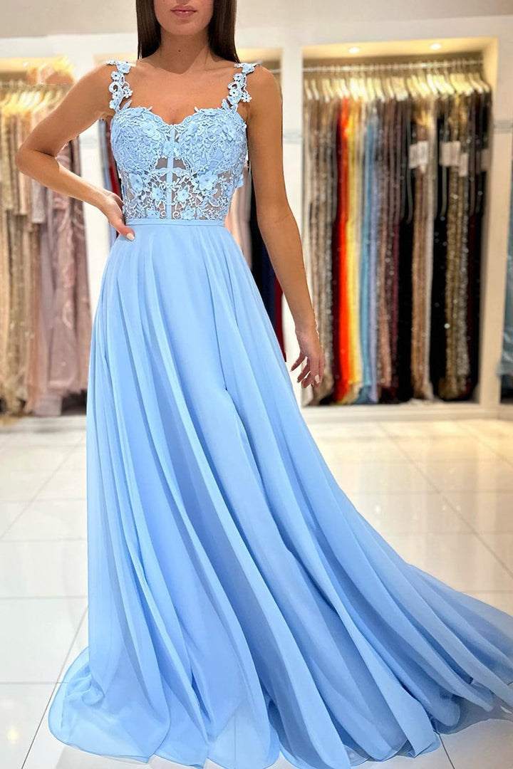 Baby Blue Sweetheart A-Line Lace Long Prom Dress with Slit