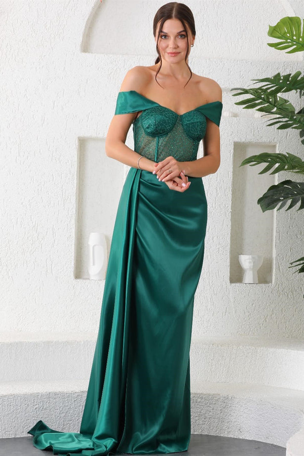 Off-the-Shoulder Dark Green Mermaid Prom Dress with Split and Ruffle