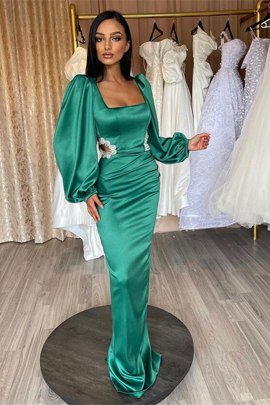 Green Long Sleeve Prom Dress with Square Hollow Out and Rhinestone Embellishments