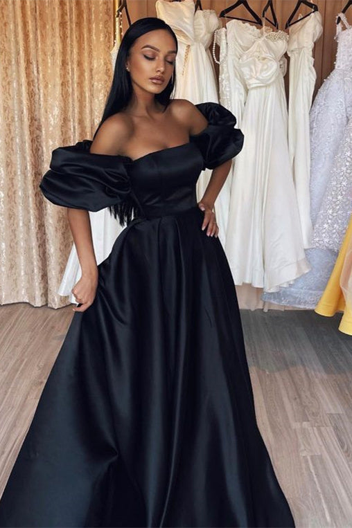 Strapless Black Mermaid Long Prom Dress with Bubble Sleeves