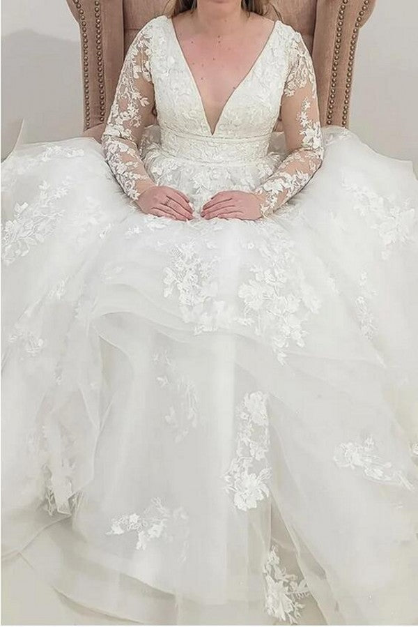 Bmbride Long Sleeve V-neck A-line Tulle Lace Wedding Dresses