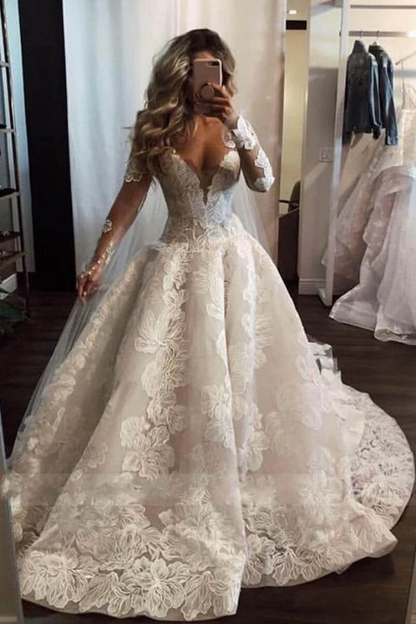 Bmbride Deep V-neck Long Sleeve Appliques Lace Pearl Floor-length A-Line Wedding Dress