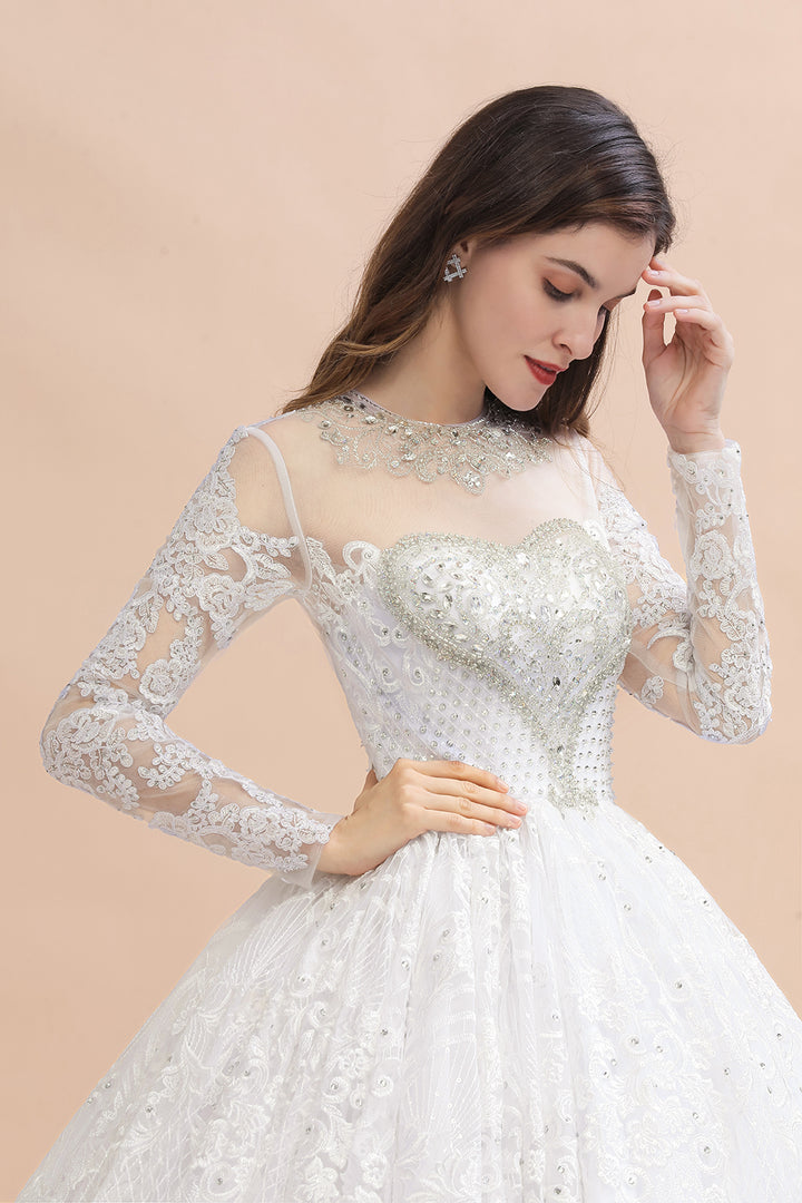 Bmbride Lace Crystal Beads Sheer Tulle Wedding Dress