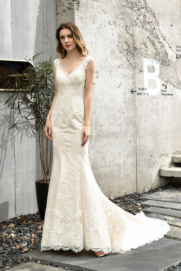 Bmbride Satin Lace Open Back Wedding Dress