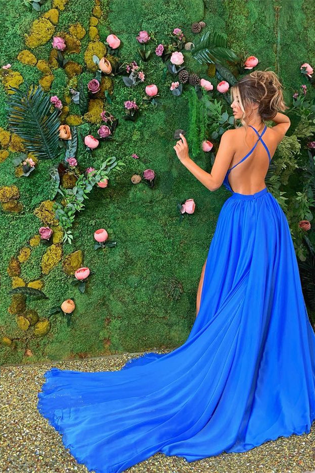 Sleeveless Royal Blue Prom Dress With Split