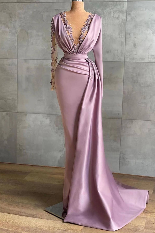 Lavender V-Neck Ruffles Prom Dress with Long Sleeves and Applique Mermaid Design