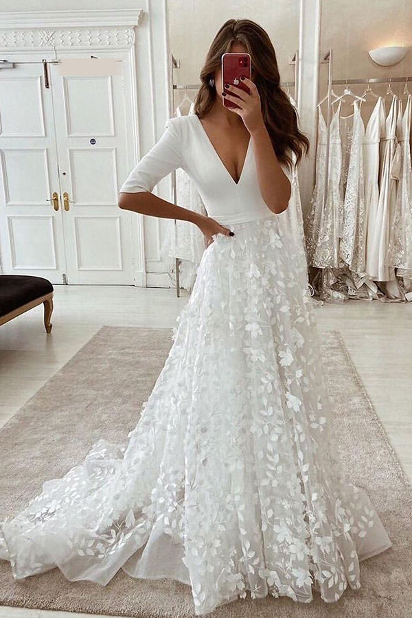 Bmbride V-neck Lace A-line Side Split 3/4 Sleeve Wedding Dress