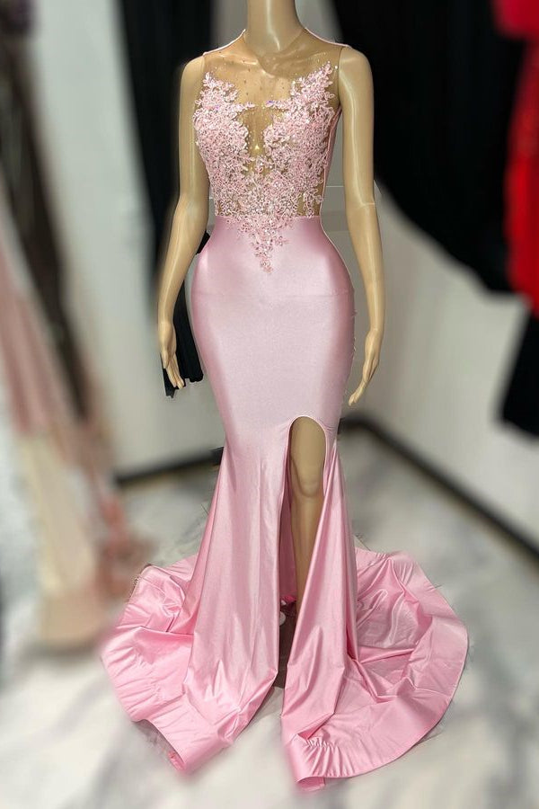 Sleeveless Pink Tulle Appliques Mermaid Slit Prom Dress