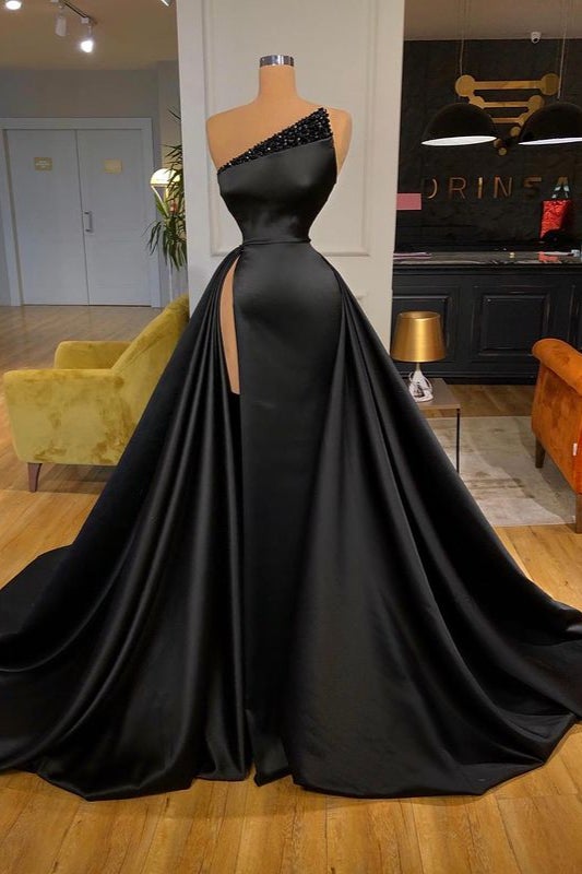 Long Black Prom Dress with Overskirt Featuring Beaded Slit