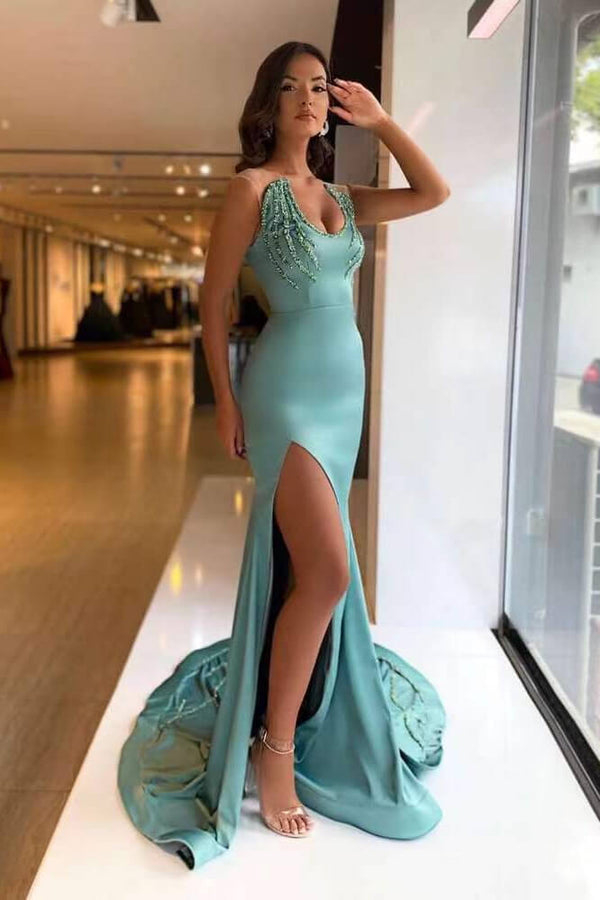 Sleeveless Long Mermaid Beads Prom Dress With Split