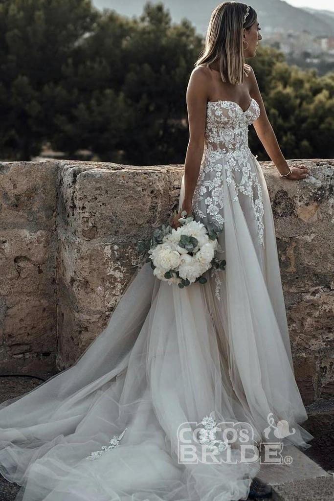 Bmbride Sweetheart Tulle Long Beach Charming Appliques Wedding Dress