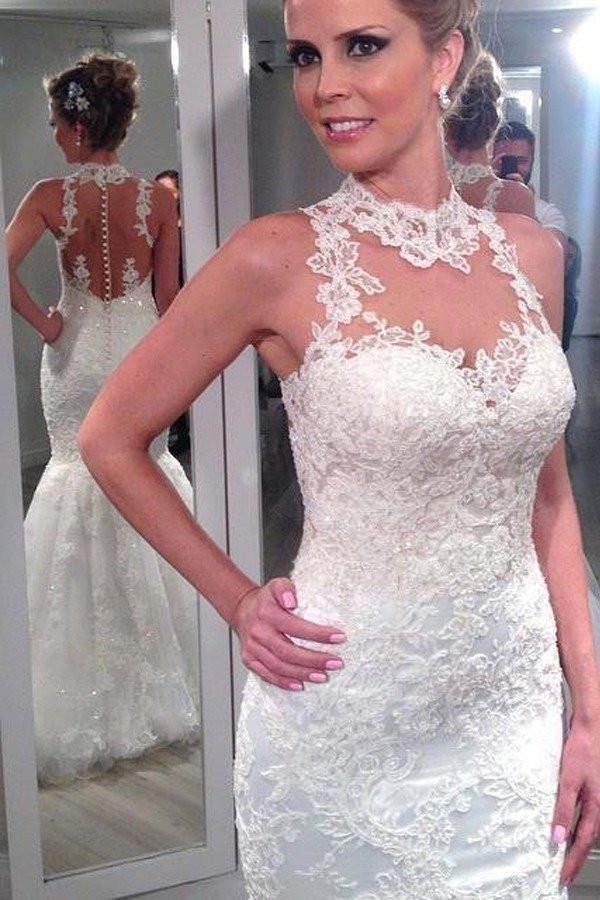 Bmbride Custom Beach Wedding Dress - High Neck Lace Mermaid with Backless Design