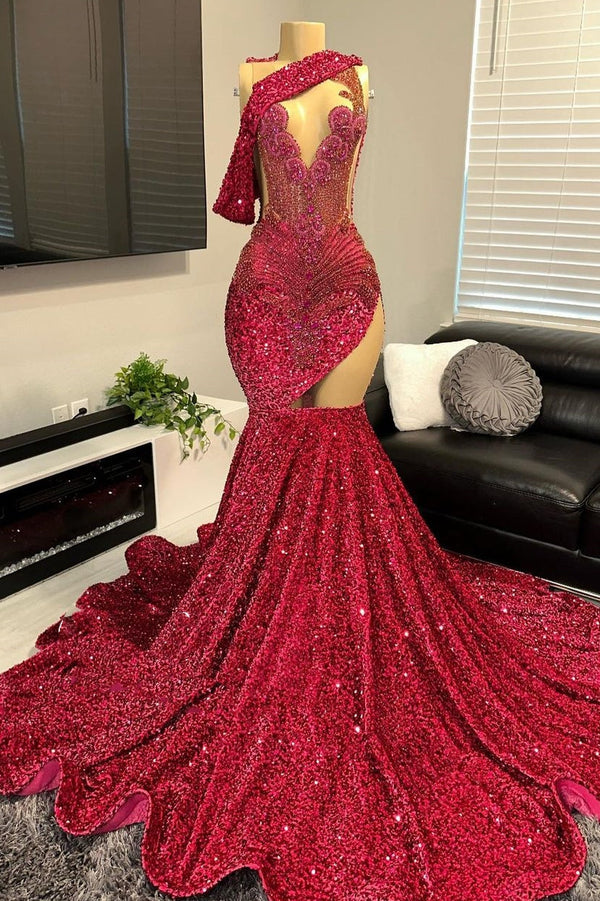 One shoulder Burgundy Sequin Prom Dress with cutout