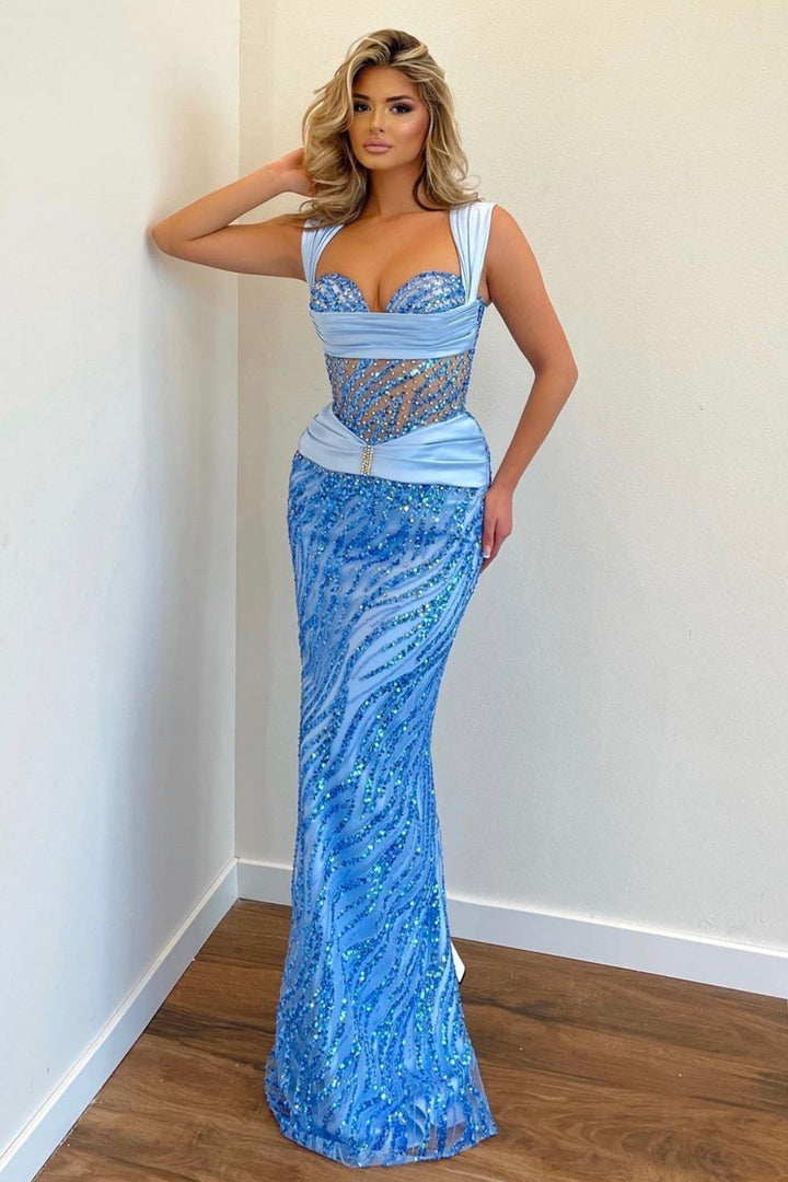 Blue Prom Dress - Wide Shoulder Strap Sequins Sleeveless Long Mermaid