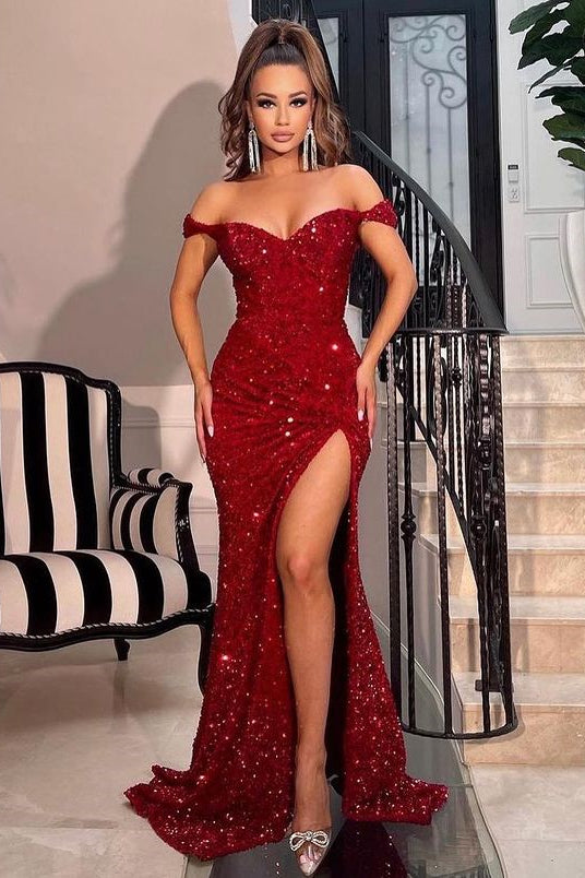 Off-The-Shoulder Sweetheart Sequins Red Mermaid Prom Dress With Split