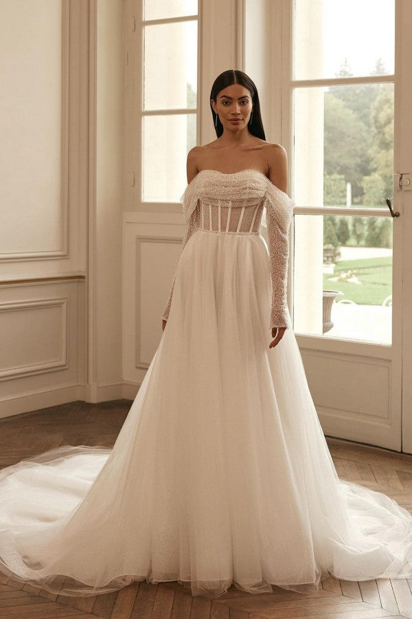 Bmbride Long A-line Off the Shoulder Wedding Dresses with Sleeves Featuring Glitter