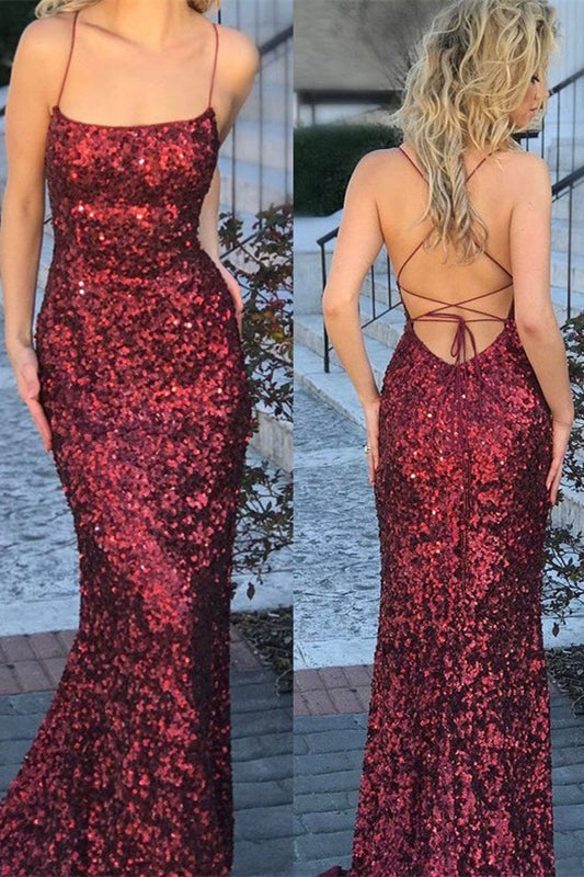 Burgundy Sequins Mermaid Prom Dress