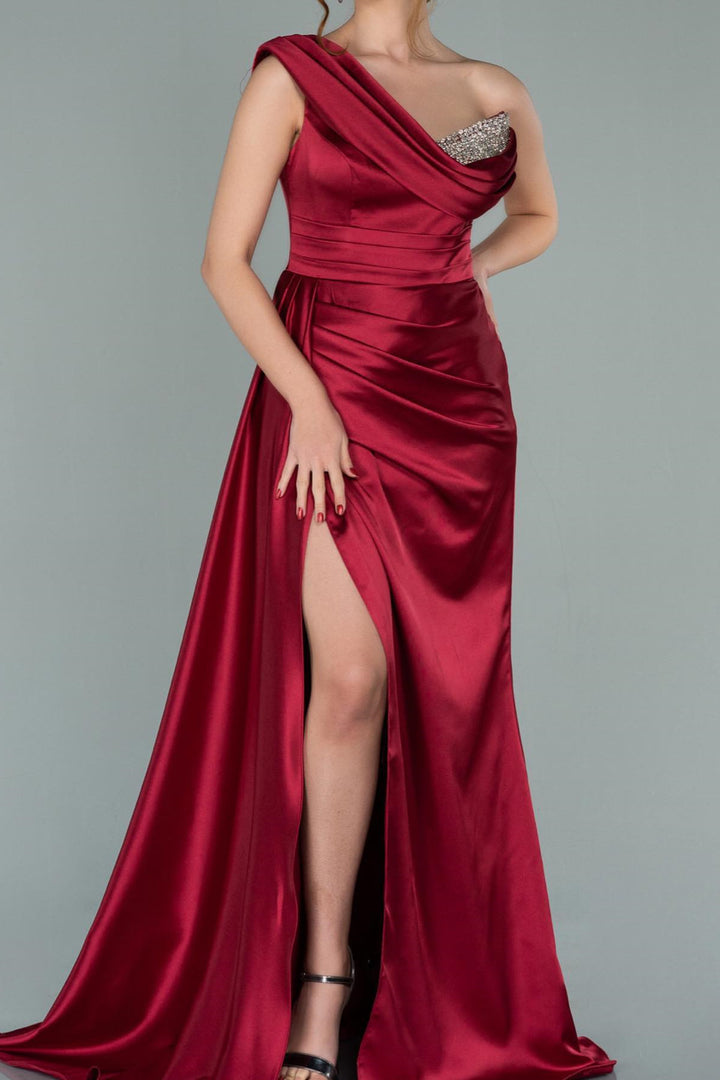 Elegant One Shoulder V-Neck Slit Prom Dress With Sequins Mermaid in Burgundy