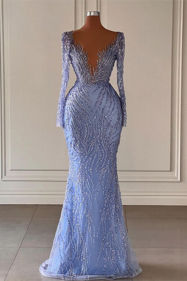 V-Neck Mermaid Evening Dress with Chic Long Sleeves Sequins and Beadings