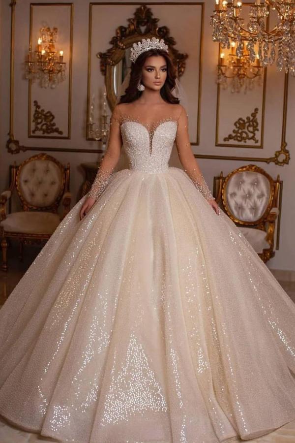 Bmbride Luxurious Long Ball Gown Sweetheart Sparkly Wedding Dress with Sleeves