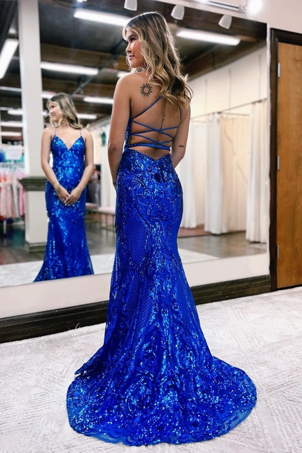 Backless V Neck Royal Blue Sequin Prom Dress