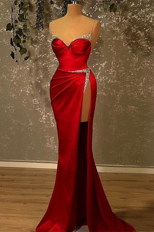 Mermaid Prom Dress: Burgundy Spaghetti-Straps with Beadings and Split