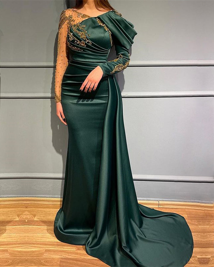 Mermaid Evening Dress: Dark Green Long Sleeves Beads Appliques