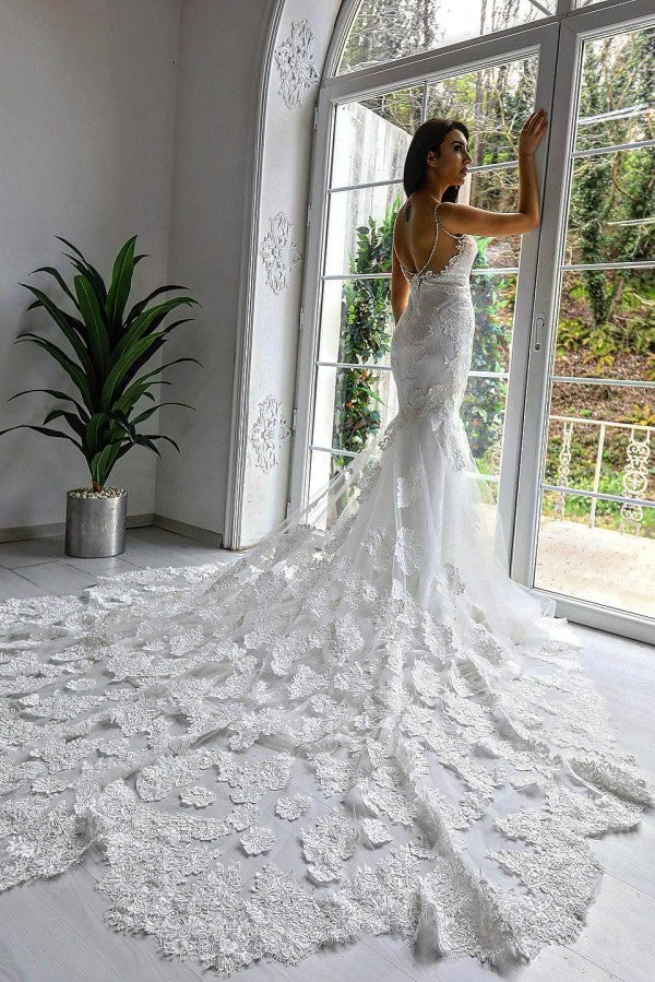 Bmbride White Long Mermaid Sweetheart Lace Backless Wedding Dresses