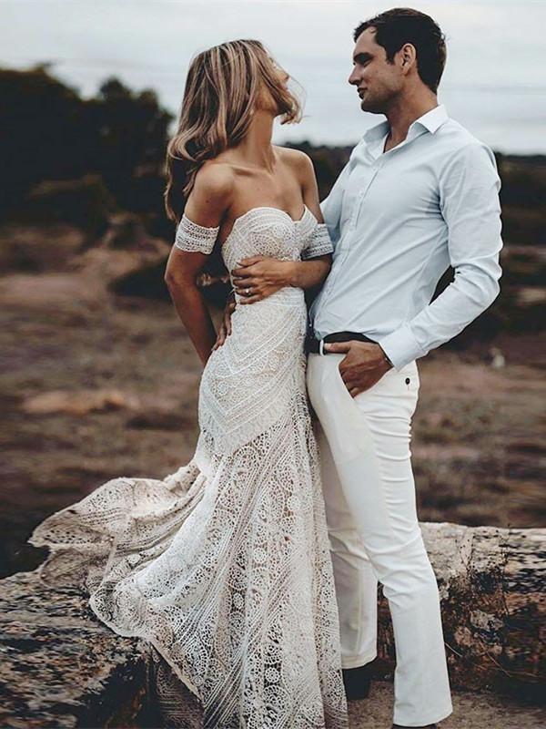 Bmbride Ivory Lace Beach Wedding Dresses Sweetheart Neck Rustic Boho Wedding Dresses