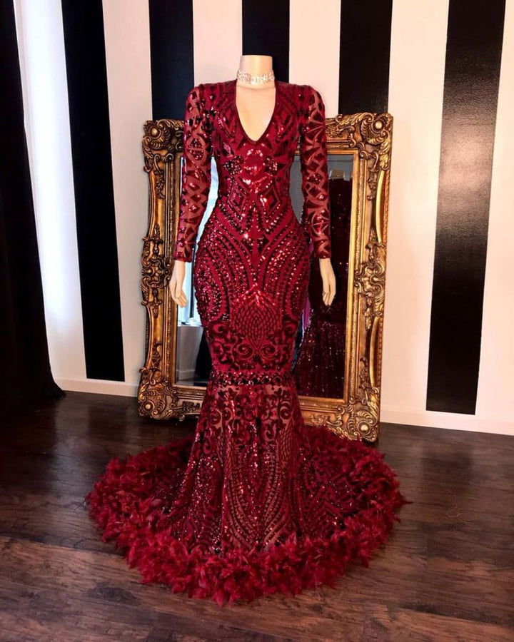 Mermaid Sequins Burgundy Long Sleeves Prom Dress