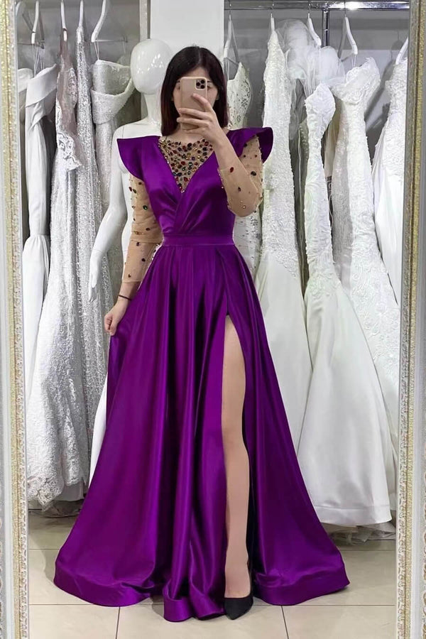 Front Split Mermaid V-Neck Beadings Prom Dress With Long Sleeves in Dark Purple