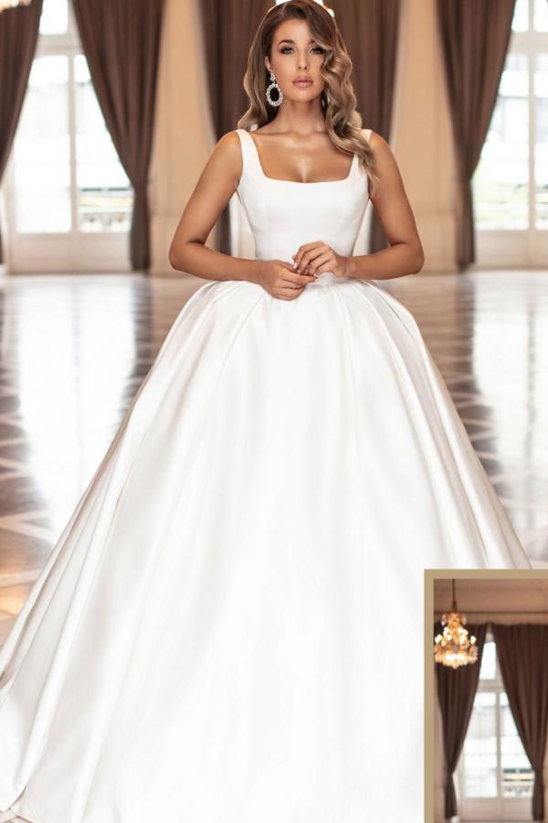 Bmbride Simple White Square Straps Satin Ball Gown Wedding Dress