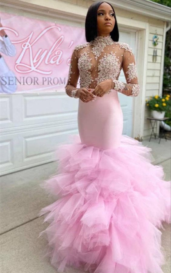 Prom Dress: Pink High Neck Tulle Mermaid with Lace Appliques