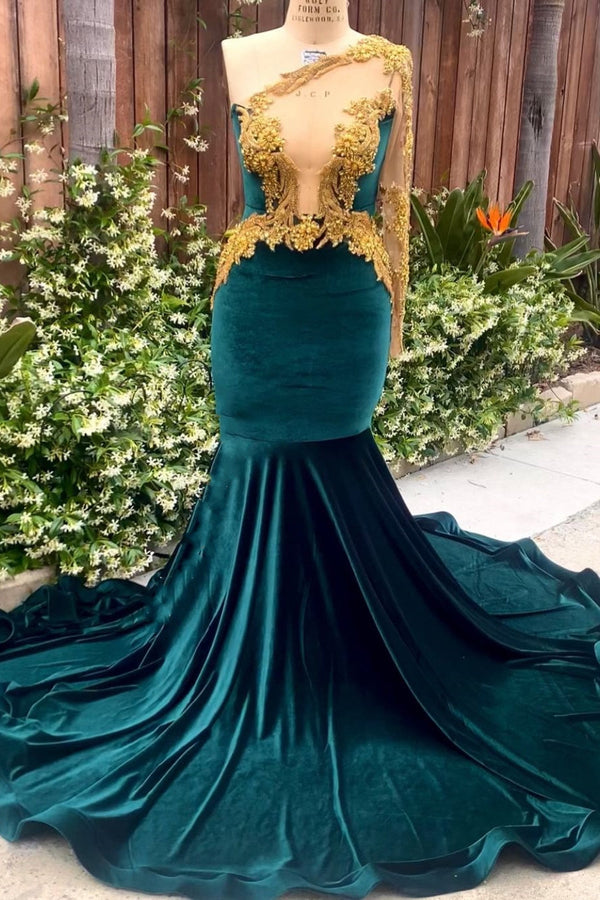 Dark Green Velvet One shoulder Mermaid Prom Dress with Gold Appliques