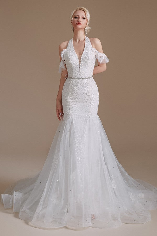 Bmbride Long Elegant Mermaid Halter Tulle Wedding Dress with Floor-Length and Appliques Lace
