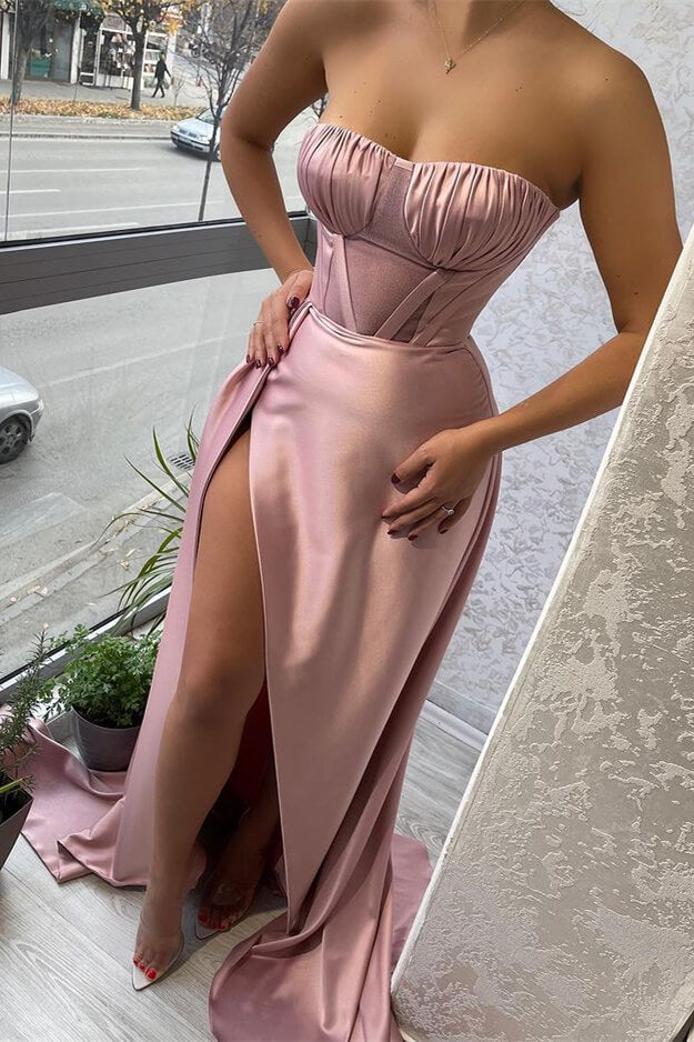 Pink Strapless Mermaid Prom Dress with Pleats Ruffles and Slit