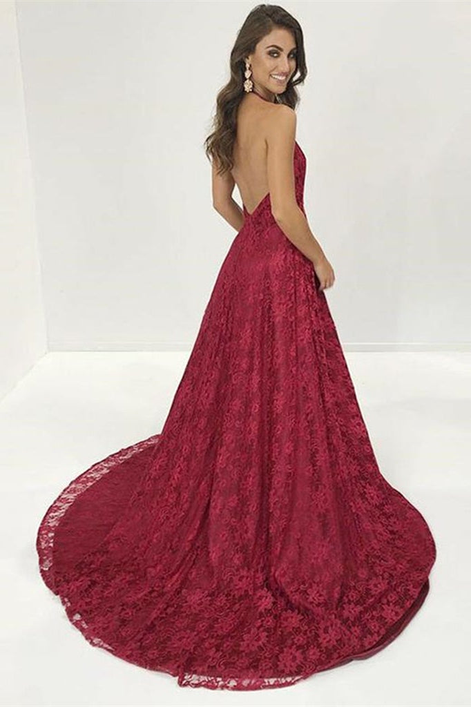 V-Neck Lace Prom Dress in Burgundy