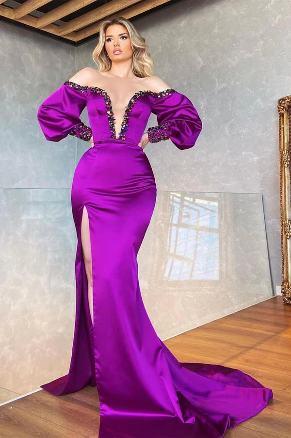 Off-The-Shoulder Purple V-Neck Mermaid Prom Dress with Beadings Front Split and Long Sleeves