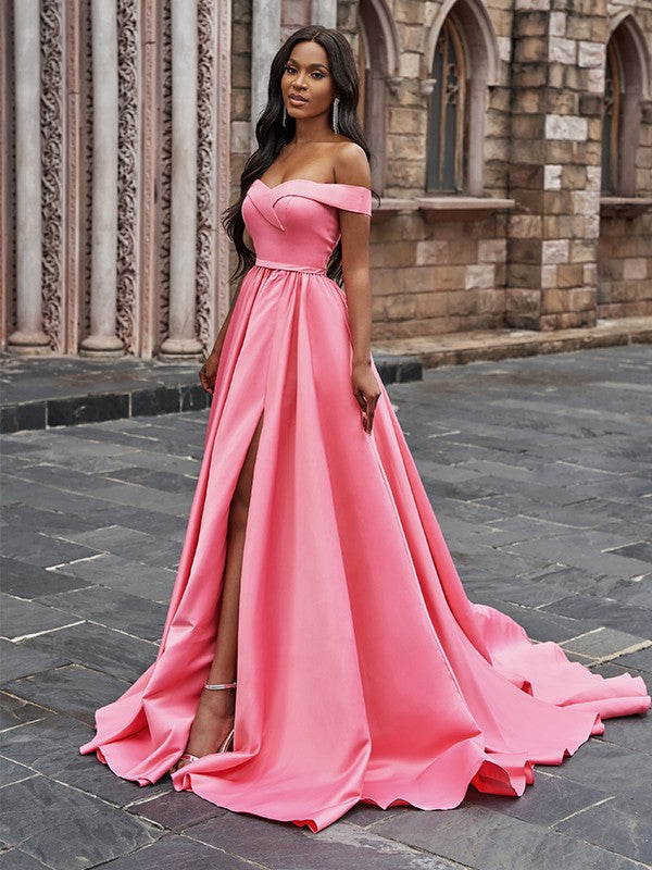 Pink Off-the-Shoulder Long Prom Dress With Split