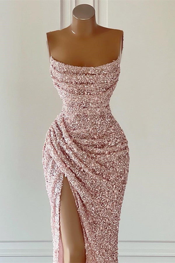 Dusty Pink Sleeveless Long Slit Mermaid Prom Dress With Sequins