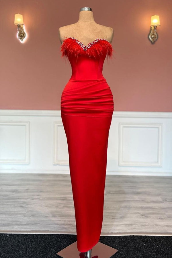 Red Long Sleeveless Tassel Decoration Sweetheart Satin Prom Dress