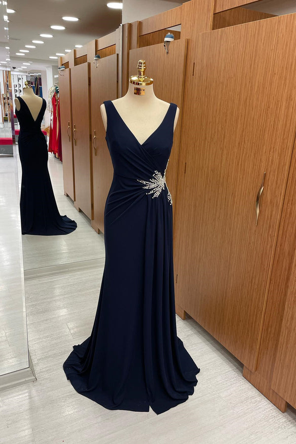 Dark Navy Straps V-Neck Pleated Prom Dress With Rhinestone - Beautiful