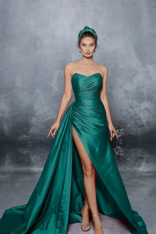 Blue Elegant Sleeveless Strapless Prom Dress with Pleated Slit