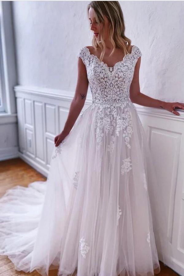 Bmbride Elegant Long A-line V-neck Sleeveless Tulle Lace Wedding Dress