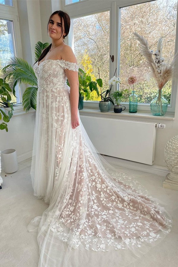 Bmbride Stunning Long A-line Off the Shoulder Lace Tulle Wedding Dresses