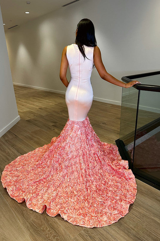 Pink Sequin Long Flower V Neck Tulle Evening Dress