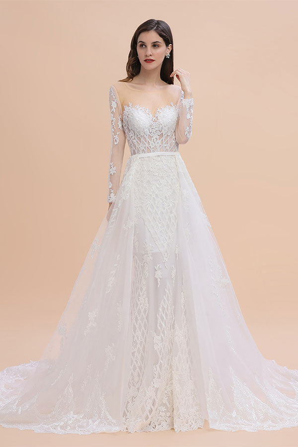 Bmbride Long Sleeve Mermaid Lace Wedding Dresses With Detachable Train